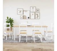 7Piece Panama White Dining Set Solid Pine Wood Table with EasyClean Surface Rustic Charm Durable Furniture for Dining Room or Kitchen.
