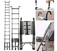 7Sevenjokers 14.4FT 4.4M Telescoping Ladder Stainless Steel Extendable Foldable Retractable Portable 14 Steps Telescopic Extension Hook, Compact Loft Roof Work, Home Daily Housework, Silver
