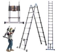 7Sevenjokers 16.4FT/ 5M Telescopic Garden Ladder Extendable Ladders Loft Ladder, Multi-Purpose Telescoping Combination Stabiliser Bar, Portable Foldable A-frame Ladder(2.5M+2.5M), Silver