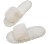 7STROBBS Ladies Fluffy Slippers, Wide Fit Women Open Toe Memory Foam Slipper, Anti Slip Indoor Cosy Warm House Slippers White UK 9-10