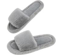 7STROBBS Ladies Fluffy Slippers, Wide Fit Women Open Toe Memory Foam Slipper, Anti Slip Indoor Cosy Warm House Slippers Grey UK 7-8