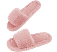 7STROBBS Ladies Fluffy Slippers, Wide Fit Women Open Toe Memory Foam Slipper, Anti Slip Indoor Cosy Warm House Slippers Pink UK 7-8