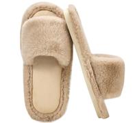 7STROBBS Ladies Fluffy Slippers, Wide Fit Women Open Toe Memory Foam Slipper, Anti Slip Indoor Slippers, Cosy Warm House Slippers Khaki UK 9-10