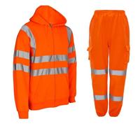 7STYLES® Mens Hi Viz High Visibility Tracksuit, Safety Work Wear Warm Hoodies Quarter Zip Sweatshirt & Jogging Bottoms 2 Piece Full Set Reflective Joggers (Orange Hoodie, XXL)