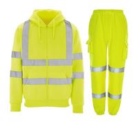 7STYLES® Mens Hi Viz High Visibility Tracksuit, Safety Work Wear Warm Hoodies Quarter Zip Sweatshirt & Jogging Bottoms 2 Piece Full Set Reflective Joggers (Yellow Hoodie, L)