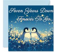 7th Anniversary Card, Penguins in Love Seven Years Down