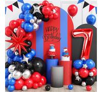 7th Balloons Arch Garland Kit, 7th Balloons with Blue Black Red Silver Balloons Arch, 40 Inch Red Number 7 Balloon Star Foil Balloon for Boys 7 Years Old Birthday Decorations