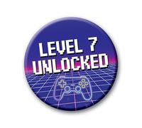 7th Birthday Badge - 76mm Level 7 Unlocked Pin Badge Button Video Game Birthday Gift for Boys