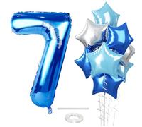 7th Birthday Balloon for Boys, 40 Inch Royal Dark Navy Blue Number 7 Foil Mylar Balloon, Silver Sky Light Blue Self Inflating Star 7 Balloons for Girls Birthday Graduation Party Decoration Supplies