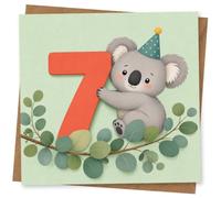7th Birthday Card, 7th Birthday Card for Child, Cute Koala with Party Hat and Leaves Design, Fun Milestone Greeting