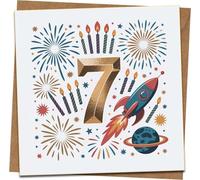 7th Birthday Card - Age 7 Space Rocket & Fireworks Design, Gold Number, 145mm x 145mm Square, Blank Inside, Includes Kraft Envelope - For Boys or Girls