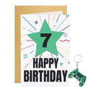7th Birthday Card Boy - Boys Birthday Card, ool Green Star 7th Birthdays Cards Boy with Game Controller Keychain, Fun 7 Year Old Birthdays Gift Set for Boys,Game Keyring,Blank Inside with Envelope