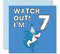 7th Birthday Card Boy - Shark Watch Out - Happy Birthday Card 7 Year Old Boy, Boys Cards for Him, 145mm Greeting for Son Brother Grandson Nephew Cousin God Son