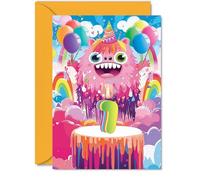 7th Birthday Card Boys Girls - Little Monster Party - Happy Birthday Card for 7 Year Old Boy Girl Kids, 5x7 Inch Seven Seventh Bday Cake Greeting Cards