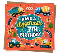 7th Birthday Card for Boy, Digger-Tastic Roadworks Trucks | For a 7-year-old boy: “Have a digger-tastic 7th birthday” with diggers, dump trucks, roadworks signs and cones.