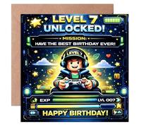 7th Birthday Card for Boy - Level 7 Unlocked Video Game Design, 14x14 cm Square Foldable Card with Kraft Envelope, Funny Children’s Card for Son Grandson Nephew