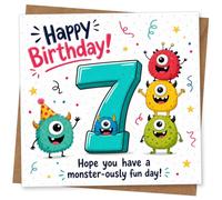 7th Birthday Card for Boy or Girl, Cute Monster Design, Happy Birthday Message, Fun Children's Greeting Card