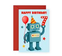 7th Birthday Card for Boys - Cute Robot Design with Red Balloon - Fun Gifts for Kids, Son, Grandson, Nephew, Neighbours, Him - Turning Seven Years Old - Comes with Stickers