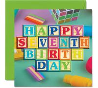 7th Birthday Card for Boys Girls - Toy Blocks - Happy Birthday Card 7 Year Old Boy Girl, Cards for Him Her, 145mm Greeting Cards Niece Nephew Kids Children
