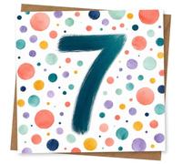 7th Birthday Card for Child, Painted 7 & Confetti Spots | Multicoloured confetti spots surround a bold painted 7 for a bright, playful 7th birthday card for a Child.