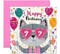 7th Birthday Card for Girl - Fun Cat Sunglasses Card for 7 Year Old Girl - Cute and Sweet Kitten Age 7 Birthday Cards - Granddaughter Niece Daughter