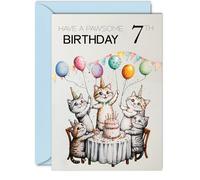 7th Birthday Card for Girls Boys - Pawsome Party Cats Balloons - Happy Birthday Cards for 7 Year Old Girl Boy, A5 Cat Bday Greeting Cards