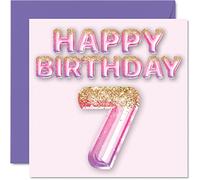 7th Birthday Card for Girls - Pink & Purple Glitter Balloons - Happy Birthday Cards for 7 Year Old Girl Daughter Sister Granddaughter Cousin, 145mm Bday Greeting Cards Gift
