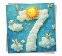 7th Birthday Card for Granddaughter, Child - Clouds, Sun, Fairies Design | for Grandchild, Niece, Nephew, Sister, Brother - Illustrated, Dreamy, Pastel, Sweet - Blank Inside, with Envelope
