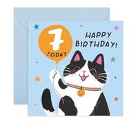 7th Birthday Card for Kids - Cute Cat with Balloon - Fun & Colourful Card for Daughter, Son, Niece, Nephew, Granddaughter, Grandson, Boys, Girls, Children - Seven Years Old - Comes with Stickers