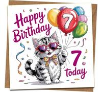 7th Birthday Card for Kids - Cute Cat with Balloons - Age 7 Happy Birthday - 145mm Square Greeting Card with Kraft Envelope - For Girl, Boy, Daughter, Son, Granddaughter, Grandson