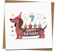 7th Birthday Card for Kids - Cute Dachshund Sausage Dog with Cupcakes - 145mm x 145mm - Blank Inside - Includes Kraft Envelope - Fun Puppy Design for Boys or Girls