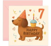 7th Birthday Card for Kids - Cute Sausage Dog Dachshund Puppy with Cupcake Design, for 7 Year Old Daughter Son Niece Granddaughter Sister Brother