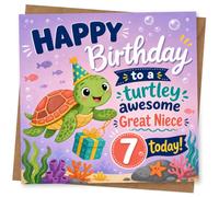 7th Birthday Card for Niece, Undersea Party Turtle | 7th birthday card for Niece with playful underwater turtle artwork, bubbles, fish and bright sea plants.