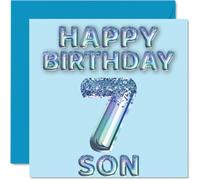 7th Birthday Card for Son - Blue Glitter Party Balloons - Happy Birthday Cards for 7 Year Old Son from Mum Dad Parents, 145mm Bday Greeting Cards Gift