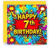 7th Birthday Card Gift for Boys and Girls - Comic Book Style Design - Happy 7 Years Old Greeting Card - With Vibrant Yellow Envelope - Size 14cm