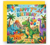7th Birthday Card Gift for Boys - Seven Today - 7 Years Old - Cute Dinosaur Design - Happy Seventh Birthday Greeting Card for Grandson Nephew Son Toddler or Boys - Includes Yellow Envelope - 14cm