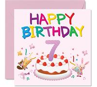 7th Birthday Card Girl - Critter Party Birthday Card - Happy 7 Year Old Girl, Girls Cards for Her, 145mm Greeting for Daughter Niece Granddaughter Kid Children