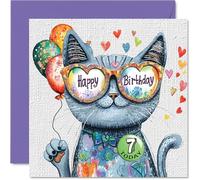 7th Birthday Card Girl - Purrfect Cat Balloons - Cat Birthday Card for 7 Year Old Girl, Age 7 Girls Cards Card, 145mm Cats Greeting
