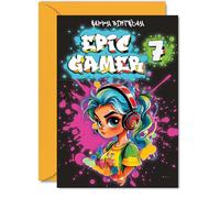 7th Birthday Card Girls - Epic Gamer Girl - Happy Birthday Card for 7 Year Old Girl Kids, A5 Seven Seventh Bday Video Game Gaming Greeting Cards