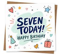 7th Birthday Card, “SEVEN TODAY!” Doodles and Presents | For a 7th birthday: big “SEVEN TODAY!” and “HAPPY BIRTHDAY” lettering, with stars, hearts, party hat and gift doodles.