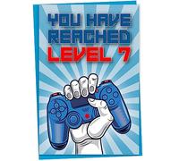 7th Birthday Card, You Have Reached Level 7, Greeting Card for Seven Year Old Gamer Boys or Girls, Birthday Gift for Gaming Son or Daughter, Grandson Granddaughter, Blue