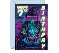 7th Birthday Cards for Boys Girls - Video Game Gamer - Happy 7 Birthday Card for Son Daughter Nephew Niece Grandson, 5x7 Inch Seven Seventh Bday Greeting Cards