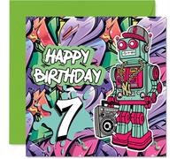 7th Birthday Cards for Boys - Wicked Graffiti Robot - Happy Birthday Card for 7 Year Old Boy Nephew Son Great Nephew Cousin, 145mm Bday Greeting Cards