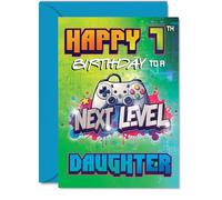 7th Birthday Cards for Daughter - Next Level - Happy Birthday Card for 7 Year Old Girl Daughter from Mum Dad, 5x7 Inch Bday Greeting Cards