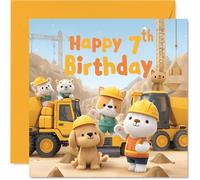 7th Birthday Cards for Boys Girls - Kids Construction Animals - Happy Birthday Card for 7 Year Old Boy Girl Cousin Daughter Grandson Son, 145mm Bday Greeting Cards