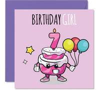 7th Birthday Cards for Girls - Birthday Cake Girl Balloons - Happy Birthday Card for 7 Year Old Girl Cousin Great Niece Step Daughter Sister, 145mm Bday Greeting Cards