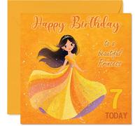 7th Birthday Cards for Girls - Princess in Yellow - Happy Birthday Card for 7 Year Old Girl Granddaughter Step Daughter Great Niece Niece, 145mm Bday Greeting Cards