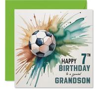 7th Birthday Cards for Grandson - Watercolour Football Splash - Happy Birthday Card for 7 Year Old Grandson from Grandad Grandma Nan, 145mm Bday Greeting Cards