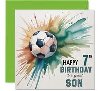 7th Birthday Cards for Son - Watercolour Football Splash - Happy Birthday Card for 7 Year Old Son from Dad Mum, 145mm Bday Greeting Cards