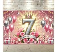7th birthday celebration background banner - Sparkling pink polyester fiber featuring balloon candle and gift box designs 250x180CM